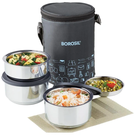 Borosil - Carry Fresh Stainless Steel Insulated Lunch Box, Set of 3 ( 280 ML X 2 + 180 ML) Vertical-WE1519