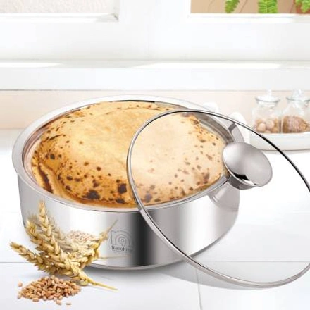 NanoNine Roti Saver / Roti Casserole Double Wall Insulated Stainless Steel Serve Fresh Chapati Pot with Glass Lid, Small-WE1563