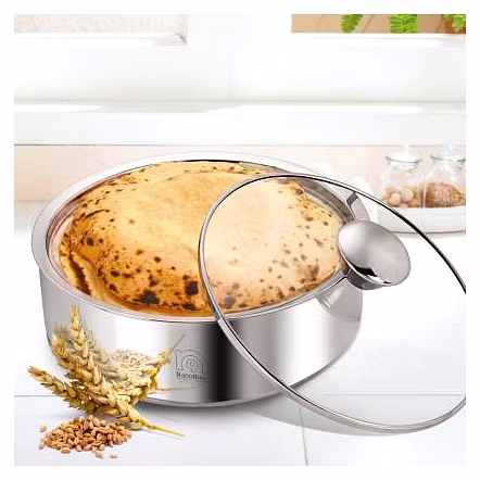 NanoNine Roti Saver / Roti Casserole Double Wall Insulated Stainless Steel Serve Fresh Chapati Pot with Glass Lid, Small