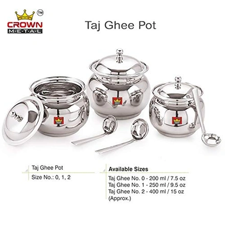 CROWN Stainless Steel Taj Ghee Pot with Spoon No. 0-1