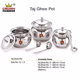 CROWN Stainless Steel Taj Ghee Pot with Spoon No. 2