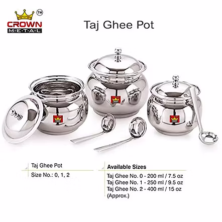 CROWN Stainless Steel Taj Ghee Pot with Spoon No. 2