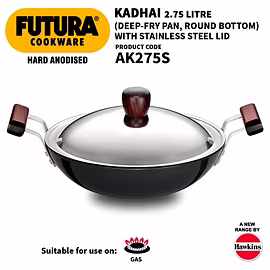 Hawkins Futura Deep Fry Pan, Hard Anodised KADHAI with Stainless Steel Lid, Round Bottom Kadhai 2.75 Litre