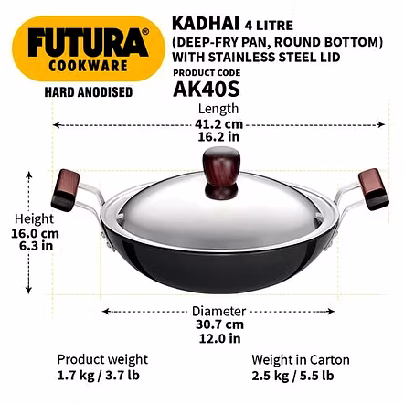 Hawkins Futura Deep Fry Pan, Hard Anodised KADHAI with Stainless Steel Lid, Round Bottom Kadhai 4 Litre
