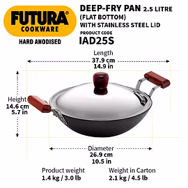 Hawkins Futura Hard Anodised Deep-Fry Pan Flat Bottom with Stainless Steel Lid 2.5 Litre