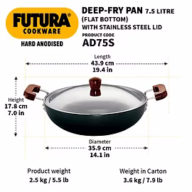 Hawkins Futura Hard Anodised  Deep-Fry Pan Flat Bottom with Stainless Steel Lid 7.5 Litre