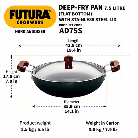 Hawkins Futura Hard Anodised  Deep-Fry Pan Flat Bottom with Stainless Steel Lid 7.5 Litre