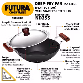 Hawkins Futura  Nonstick Deep Fry Pan Flat Bottom Kadhai  with Glass Lid, 2 Litre