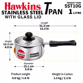 Hawkins Induction Stainless Steel Tpan with Glass Lid 1 Litre