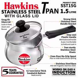 Hawkins Induction Stainless Steel Tpan with Glass Lid 1.5 Litre