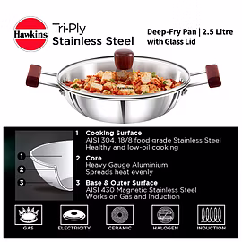 Hawkins  Try-Ply Stainless Steel Induction Deep Kadhai 4 Litre