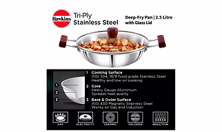Hawkins  Try-Ply Stainless Steel Induction Deep Kadhai 4 Litre