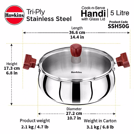 Hawkins  Try-Ply Stainless Steel Induction Handi 5 Litre