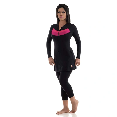 Attiva Ladies Front Zipper Swimwear with Full Sleeves &amp; 3/4th Tights-2782