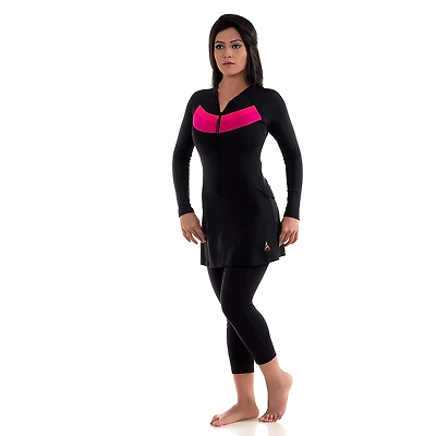 Attiva Ladies Front Zipper Swimwear with Full Sleeves &amp; 3/4th Tights-3449