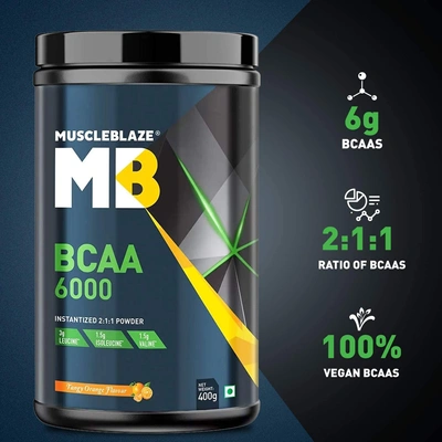 BCAA 6000- MuscleBlaze BCAA 6000 | Vegan BCAAs | 2:1:1 (Watermelon, 0.88 lbs / 400g, 50 Servings)-400 gms-TANGY ORANGE-5