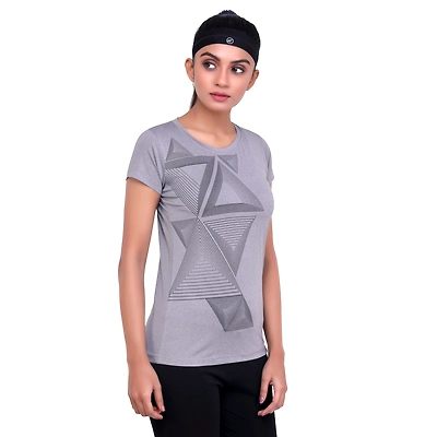LAASA JUST-DRY TRIANGLE PRINTED BLACK MELANGE TEE-31513