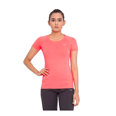 INVINCIBLE WOMEN STRETCH ROUND NECK TEE-NEON PINK-S-2