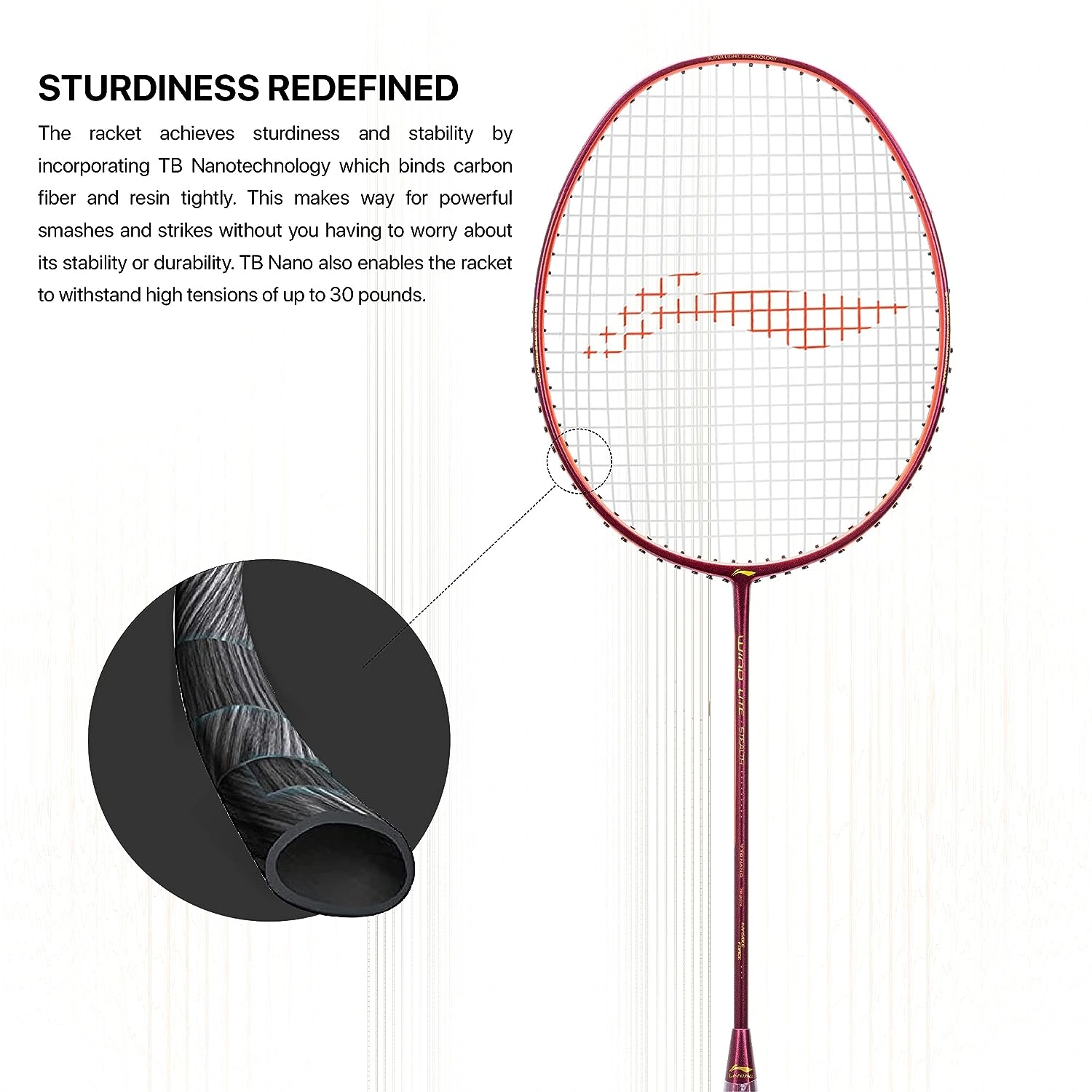 Li-Ning Wind Lite Stealth Carbon Fibre Badminton Racquets-78 G-WINE/ORANGE RED-2