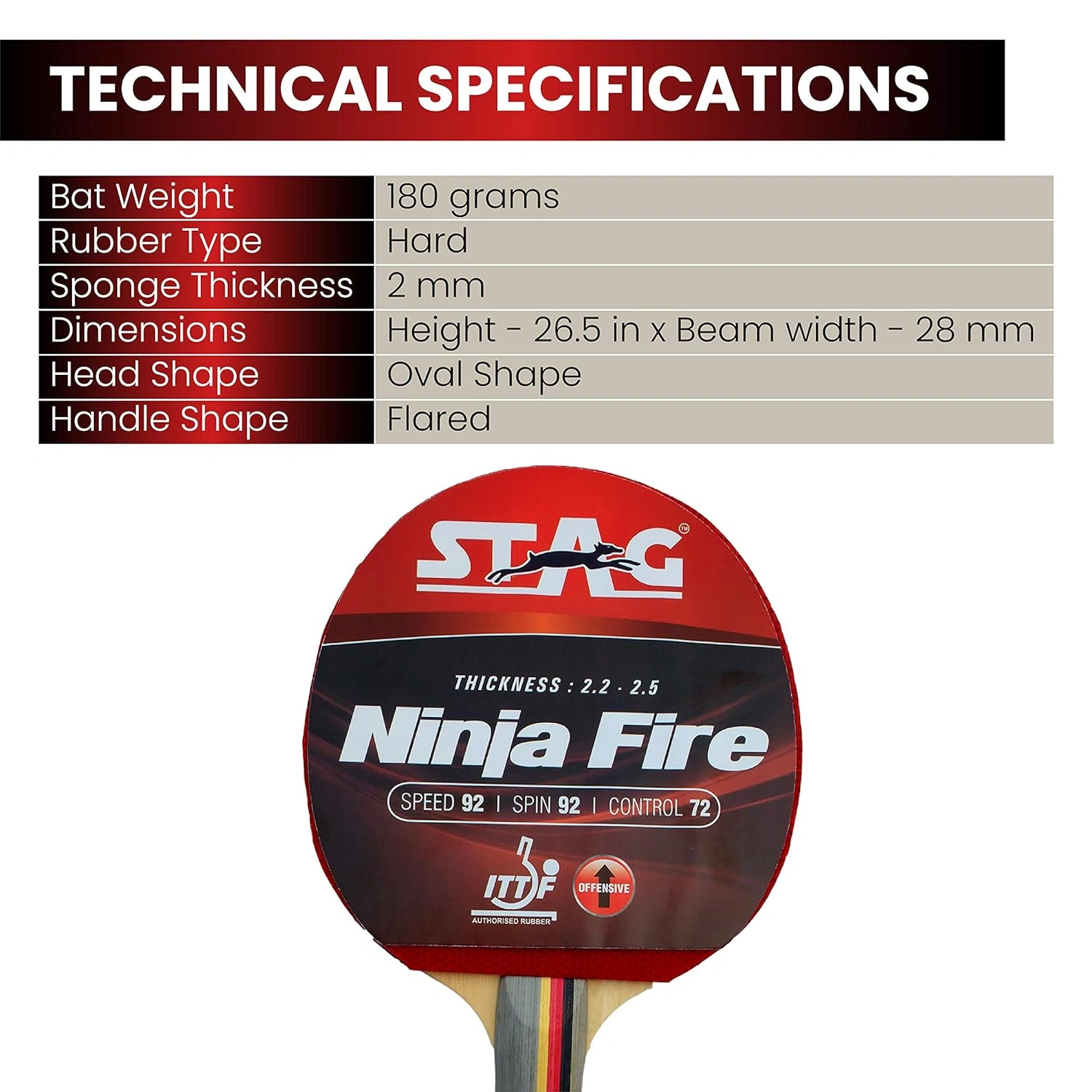 STAG Advanced ITTF Approved Rubber Ninja Fire Table Tennis Racquet-1 Unit-2