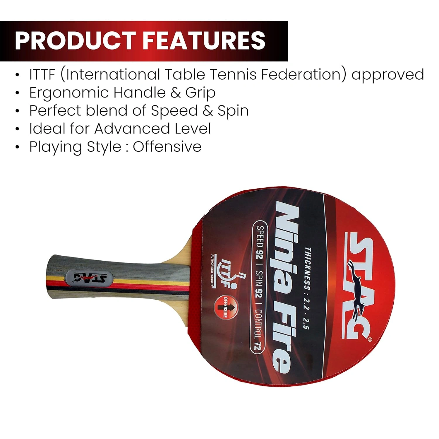 STAG Advanced ITTF Approved Rubber Ninja Fire Table Tennis Racquet-1 Unit-1