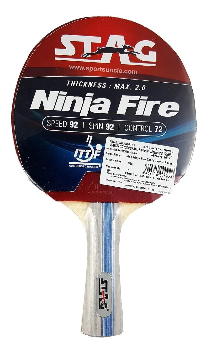 STAG Advanced ITTF Approved Rubber Ninja Fire Table Tennis Racquet-8298