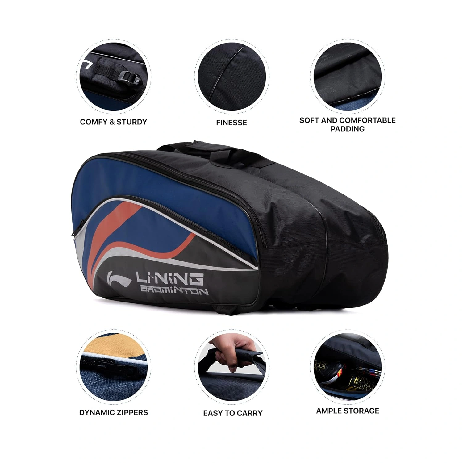 Li-Ning Panther Double Zipper Polyester Badminton Kit Bag-ROYAL BLUE-3