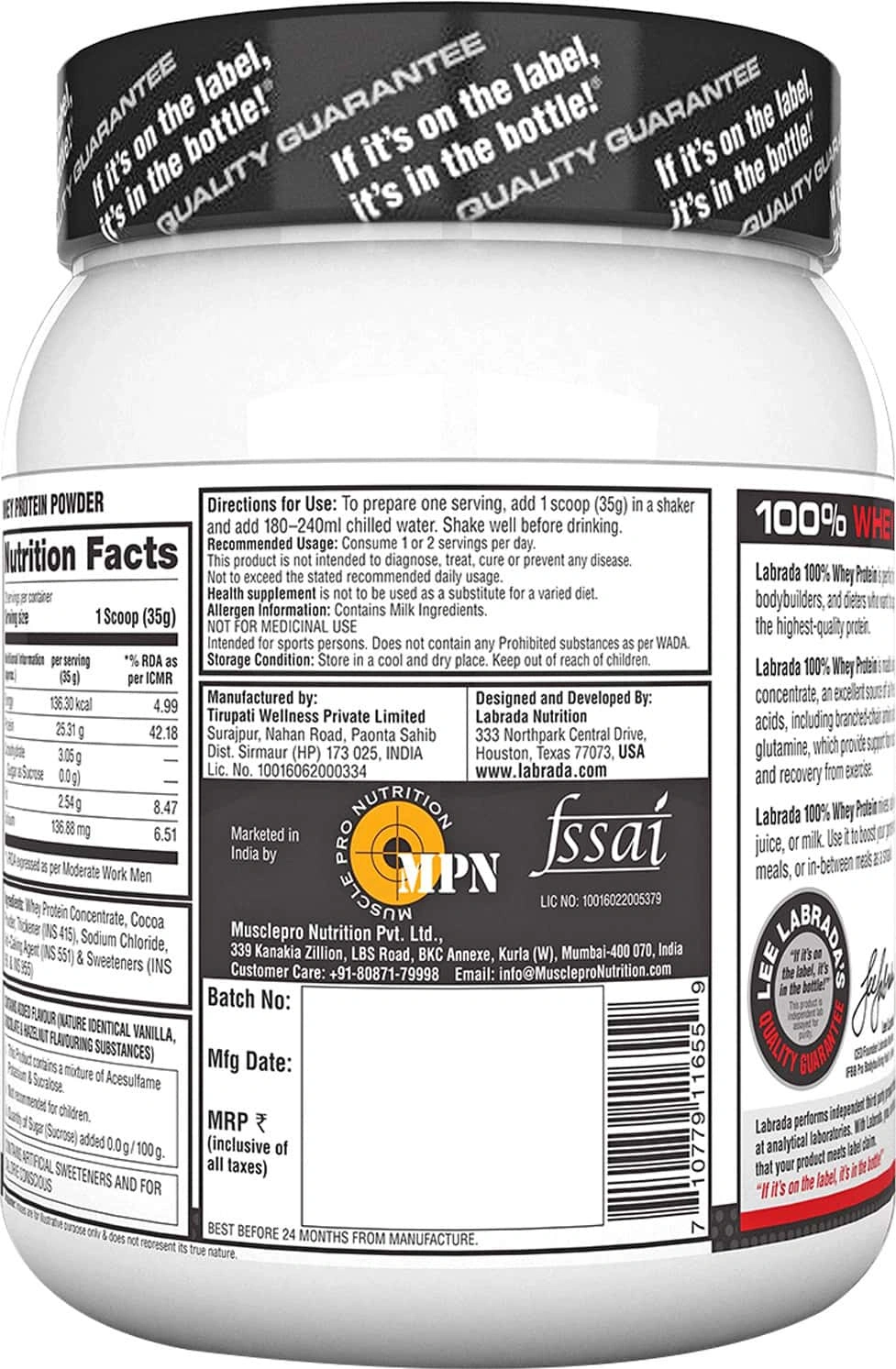 Labrada 100% Whey Protein - 2.2lbs (1kg)-CHOCOLATE HAZELNUT-1