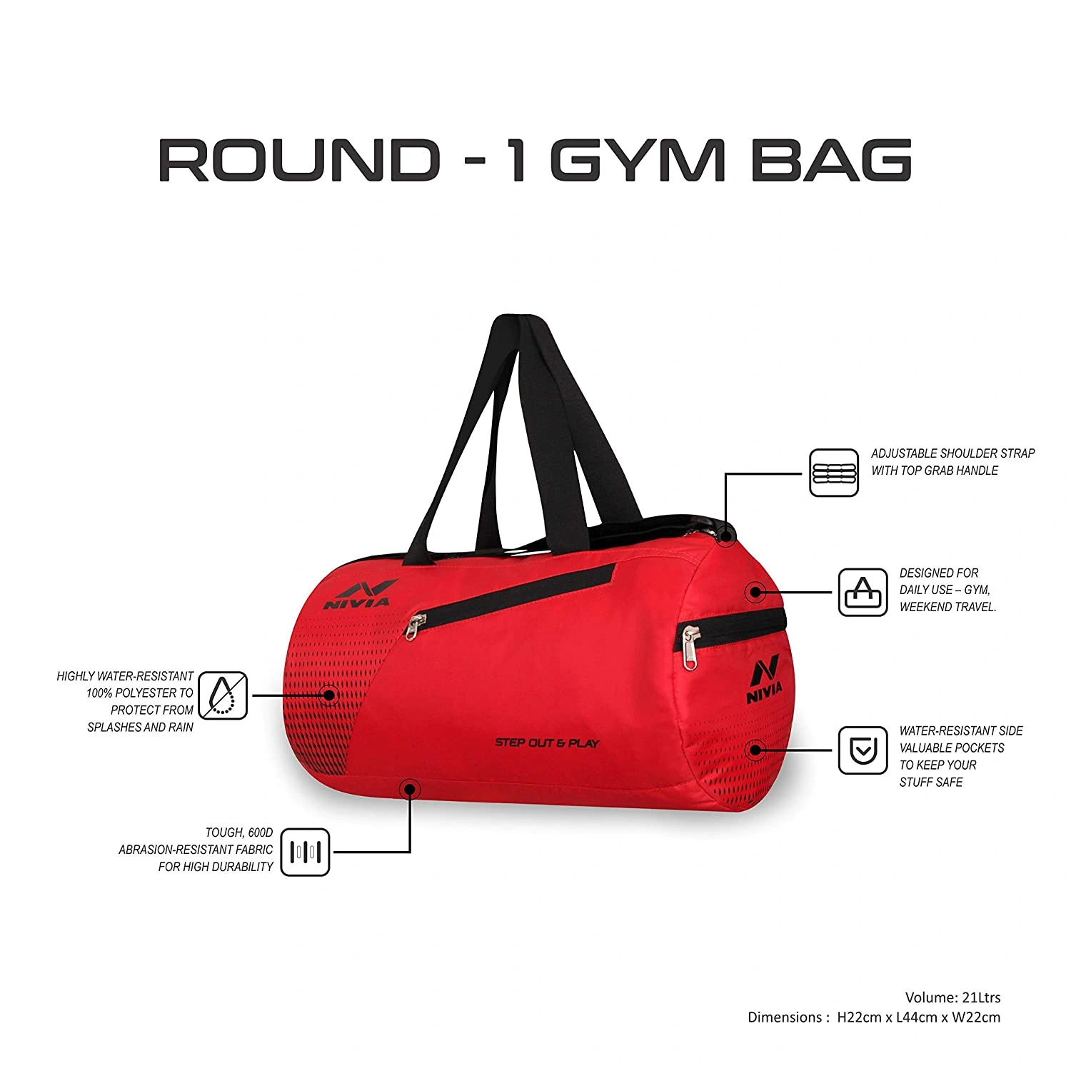 NIVIA Deflate Round 01 Polyester Gym Bag-RED BLACK-5