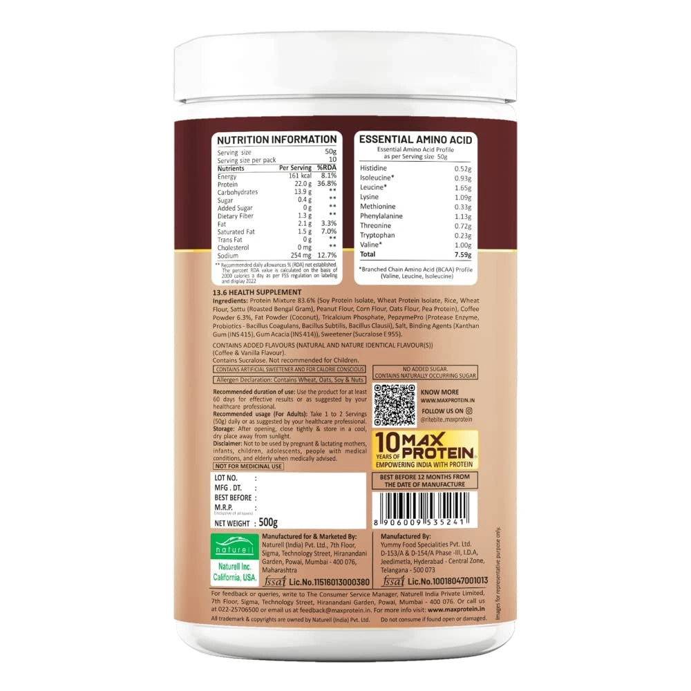 RiteBite Max Protein 100% Naturel Vegan Protein Powder-COLD COFFEE-1