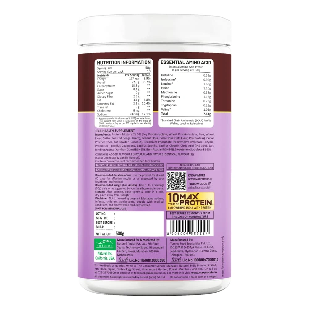 RiteBite Max Protein 100% Naturel Vegan Protein Powder-SWISS CHOCOLATE-1