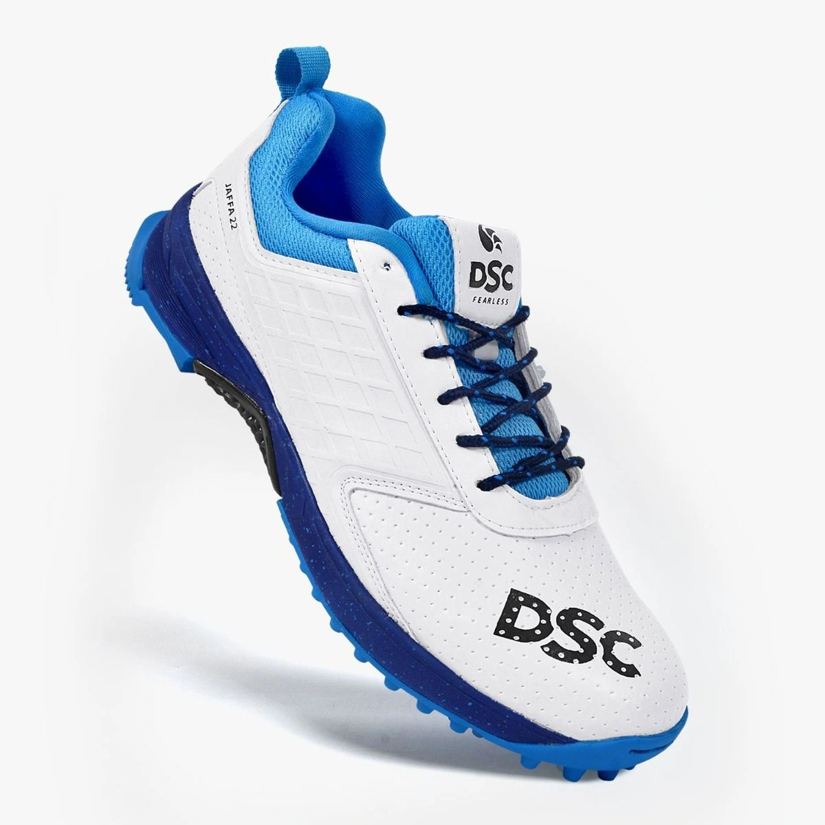 DSC Jaffa 22 Cricket Shoes for Men: Lightweight and Durable Cricket Shoes with Synthetic Leather Upper and Rubber Outsole-White - Navy-8-3