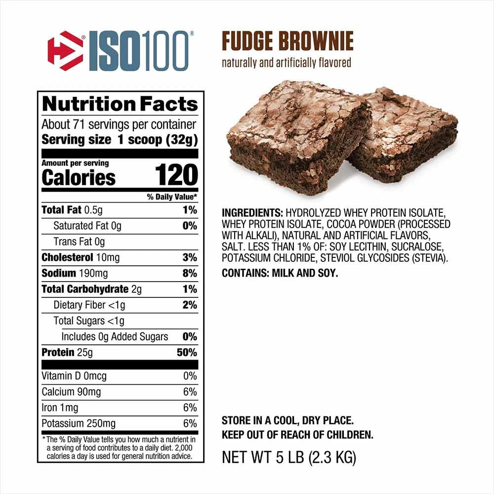 Dymatize ISO 100 5lbs (2.3kg) Hydrolyzed Whey Protein Isolate Powder: Fast-Acting Protein for Lean Muscle Growth (Fudge Brownie Flavor)-FUDGE BROWNIE-5