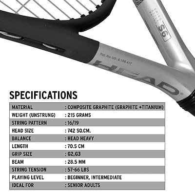 HEAD Ti S6 Graphite-Titanium Tennis Racquet-GREY AND SILVER-Full Siz-1