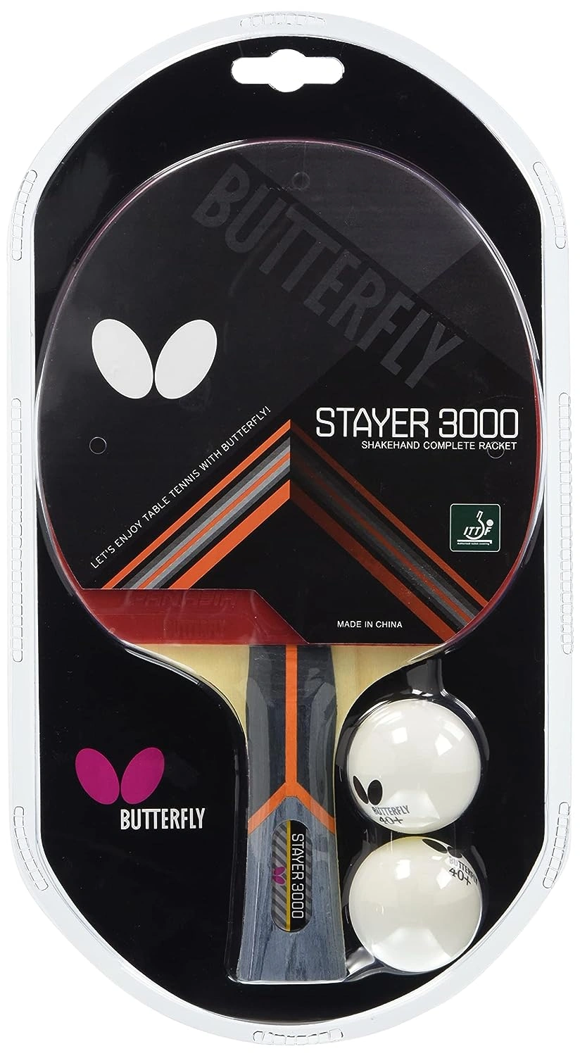 Butterfly Stayer 3000 Shakehand FL Table Tennis Paddle: Genuine Table Tennis Paddle with 2 Plastic Balls for Beginners-3456