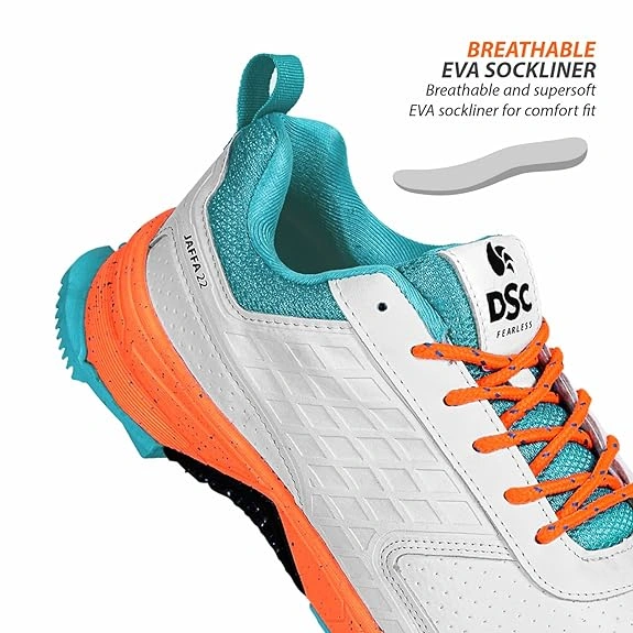 DSC Jaffa 22 Cricket Shoes for Men: Lightweight and Durable Cricket Shoes with Synthetic Leather Upper and Rubber Outsole-WHITE/ORANGE-12-5