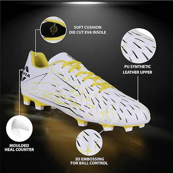 Nivia Spear Football Studs for Men - Superior Traction and Comfort for Enhanced Football Performance-WHITE\YELLOW-10-3