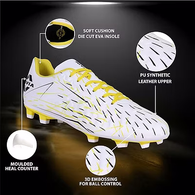 Nivia Spear Football Studs for Men - Superior Traction and Comfort for Enhanced Football Performance-WHITE\YELLOW-5-3