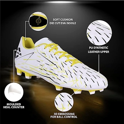 Nivia Spear Football Studs for Men - Superior Traction and Comfort for Enhanced Football Performance-WHITE\YELLOW-6-3