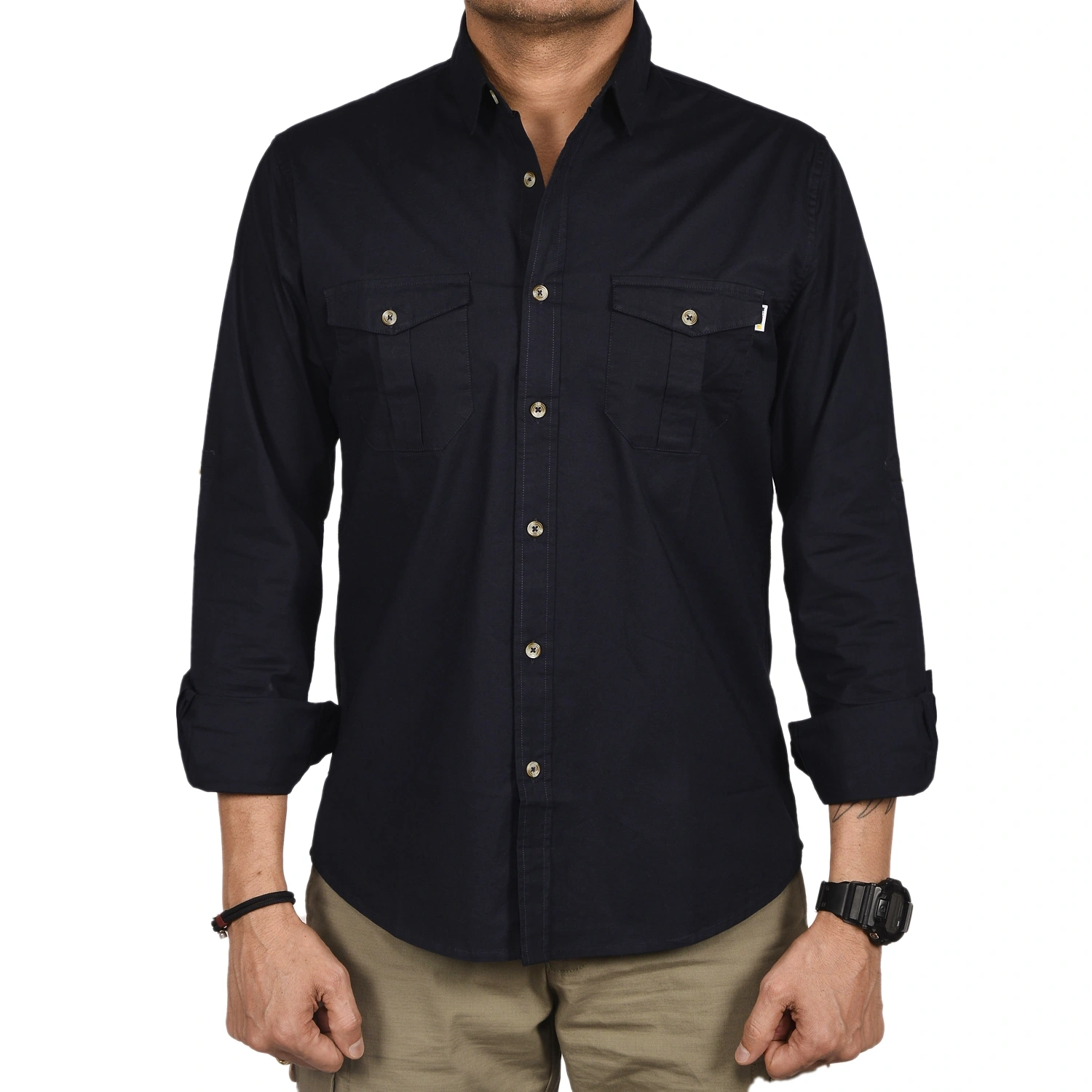 Corbett Men's Outdoor Classic Full Sleeve Shirt: Lightweight Cotton-Lycra Blend Shirt for Rugged Style and Functionality-L-Navy Blue-1