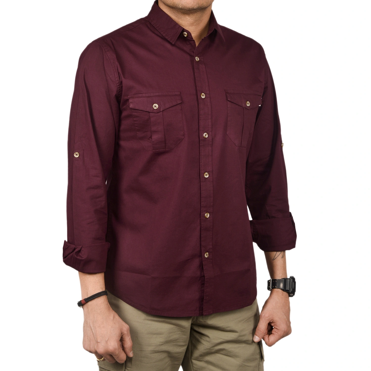 Corbett Men's Outdoor Classic Full Sleeve Shirt: Lightweight Cotton-Lycra Blend Shirt for Rugged Style and Functionality-L-Maroon-3