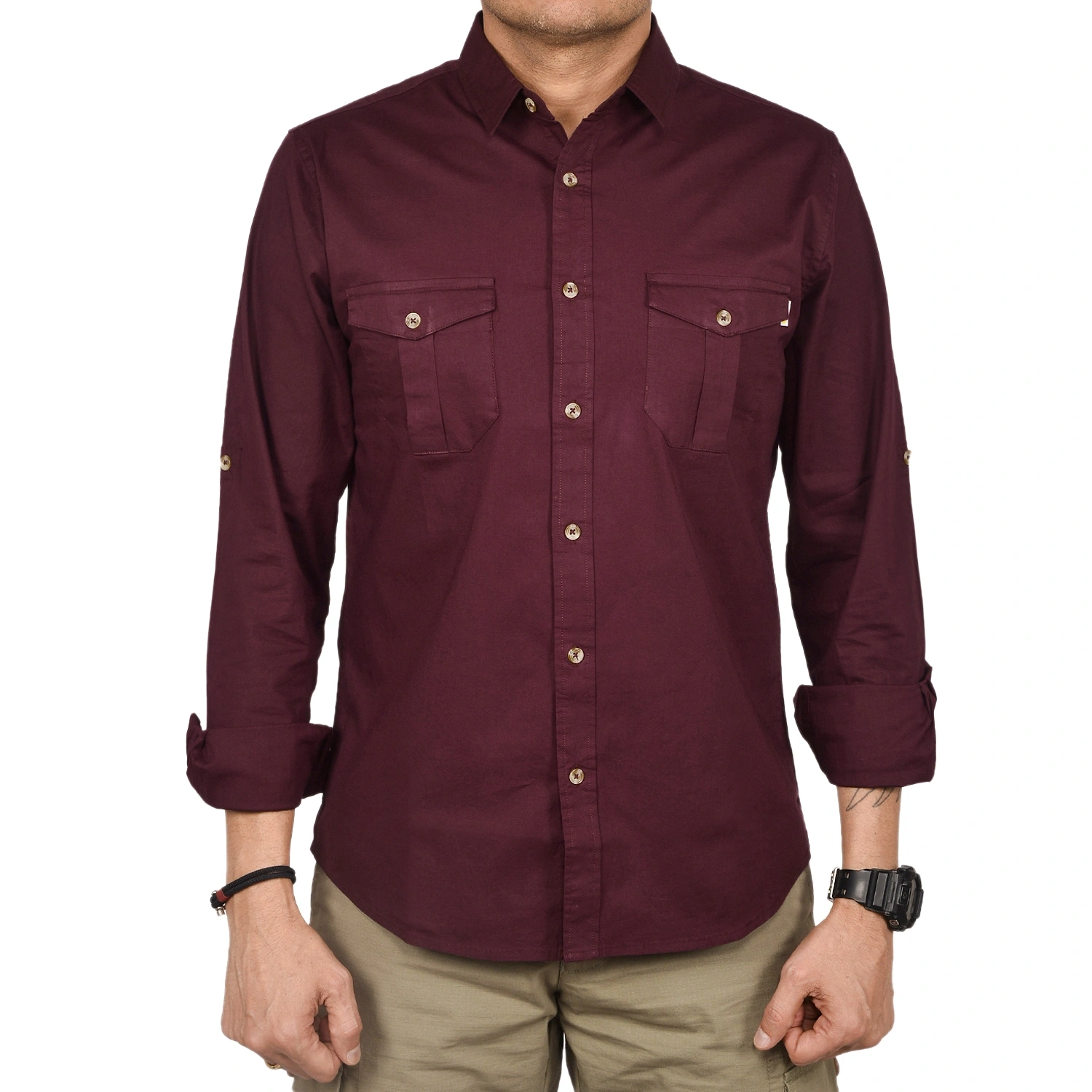 Corbett Men's Outdoor Classic Full Sleeve Shirt: Lightweight Cotton-Lycra Blend Shirt for Rugged Style and Functionality-XL-Maroon-1