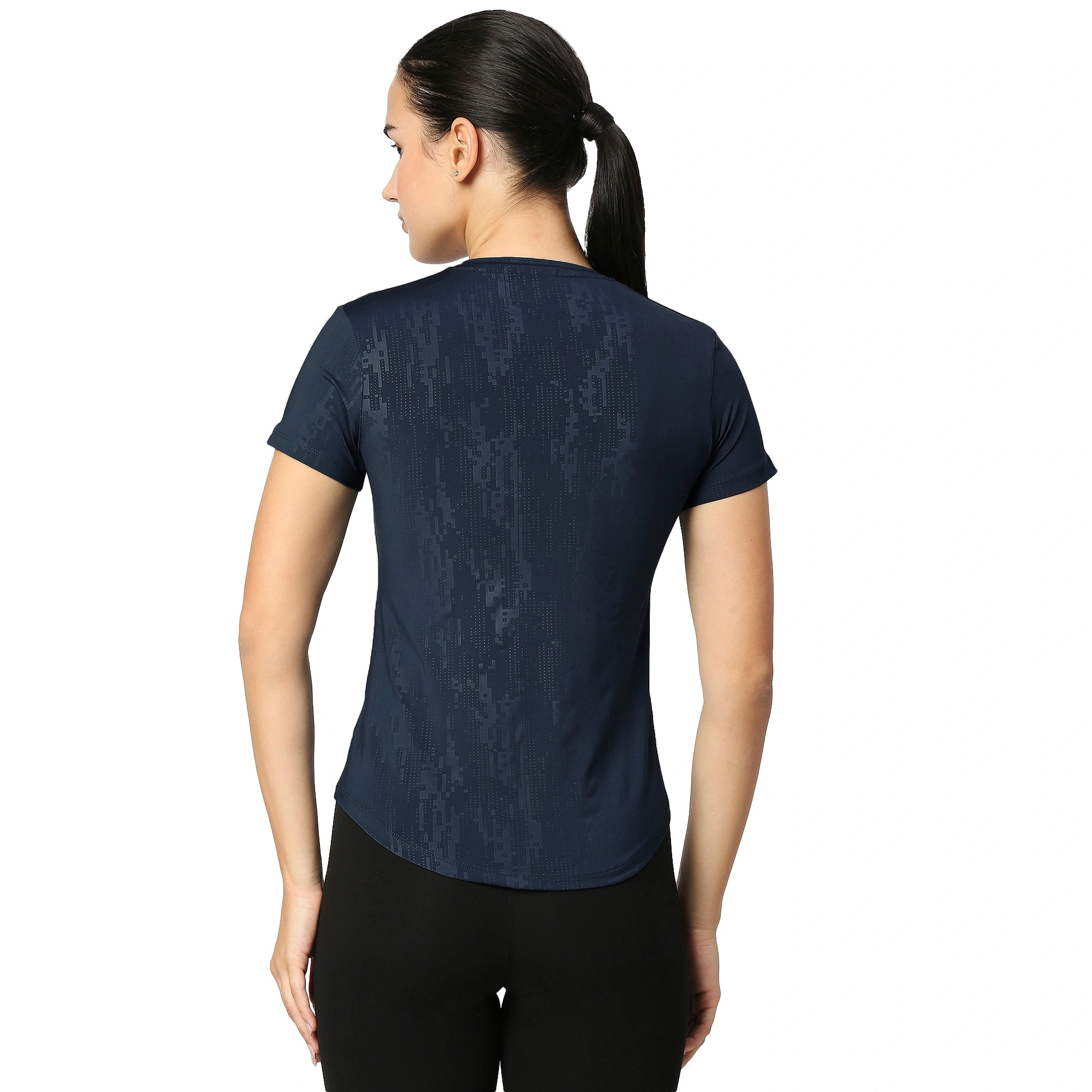Curved Hem Emboss Print Gym Workout T-Shirt -NAVY BLUE-L-3