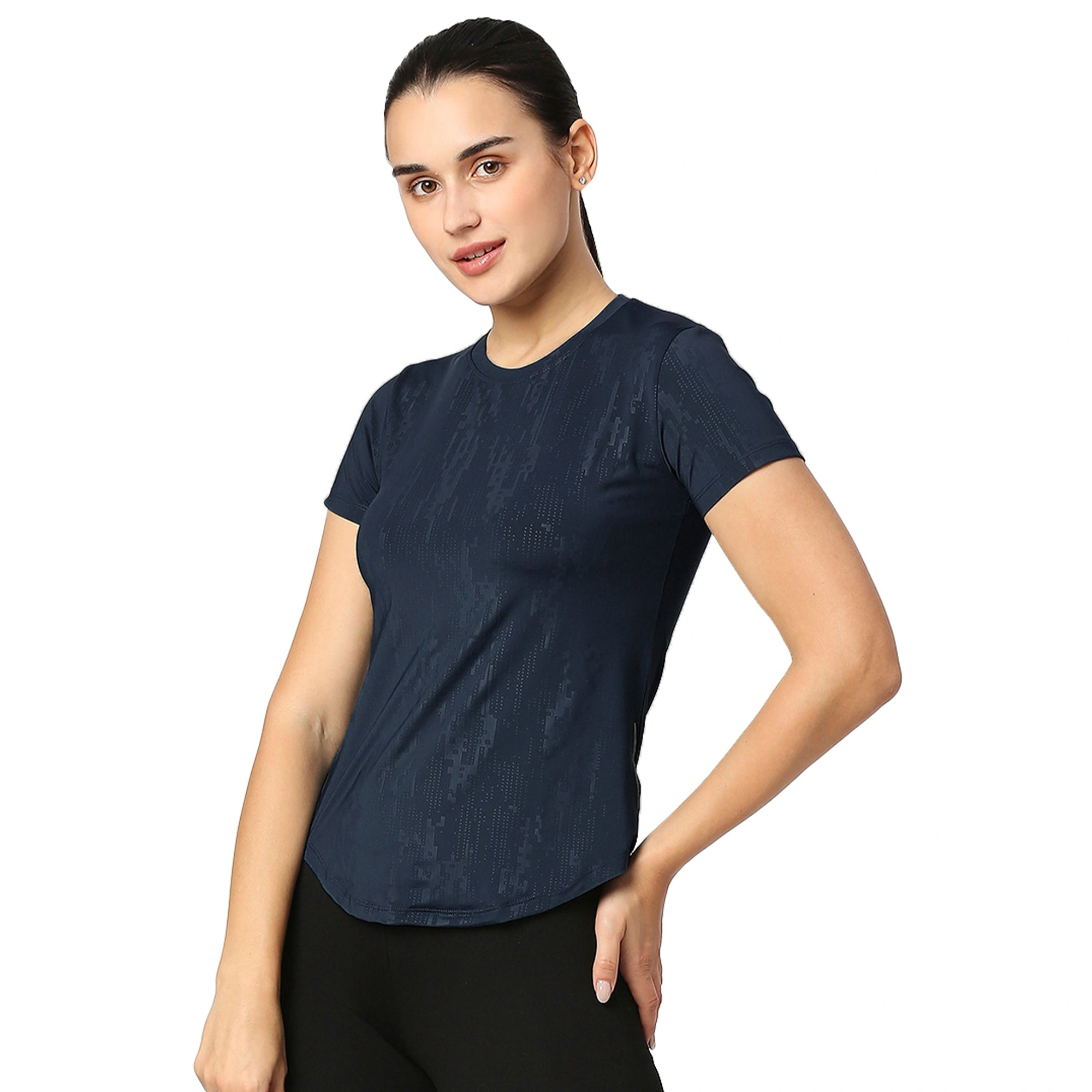 Curved Hem Emboss Print Gym Workout T-Shirt -NAVY BLUE-S-3