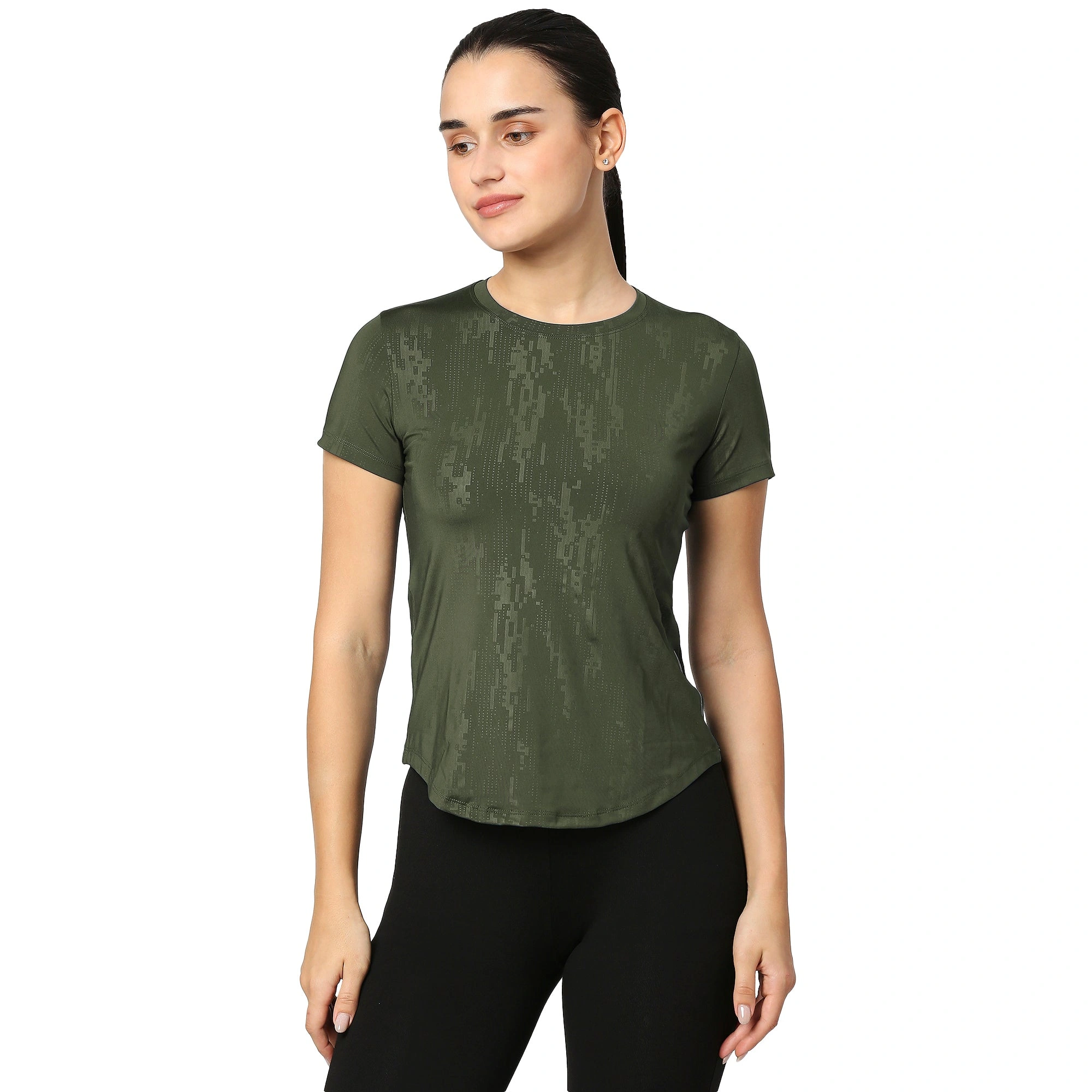 Curved Hem Emboss Print Gym Workout T-Shirt -OLIVE GREEN-M-1