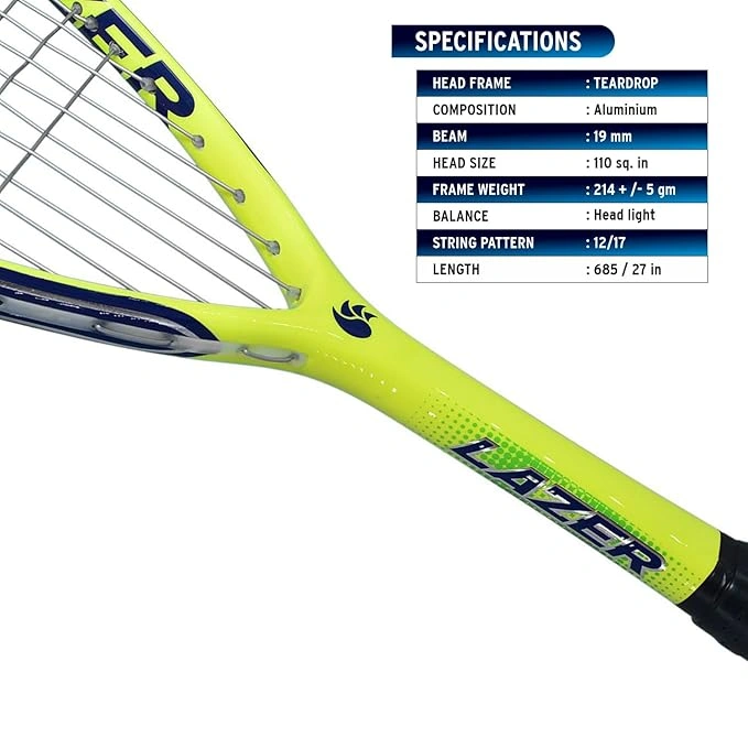 DSC Lazer Aluminum Squash Racquet (Strung): High-Performance Squash Racquet for Aggressive Players Seeking Power and Efficiency-FLOROSENT YELLOW/R BLUE-.-3