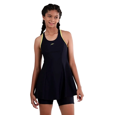 Speedo Girl's Endurance 10 Racerback Swimdress With
Boyleg-TRUENAVY / LEMONDRIZZLE-30-1