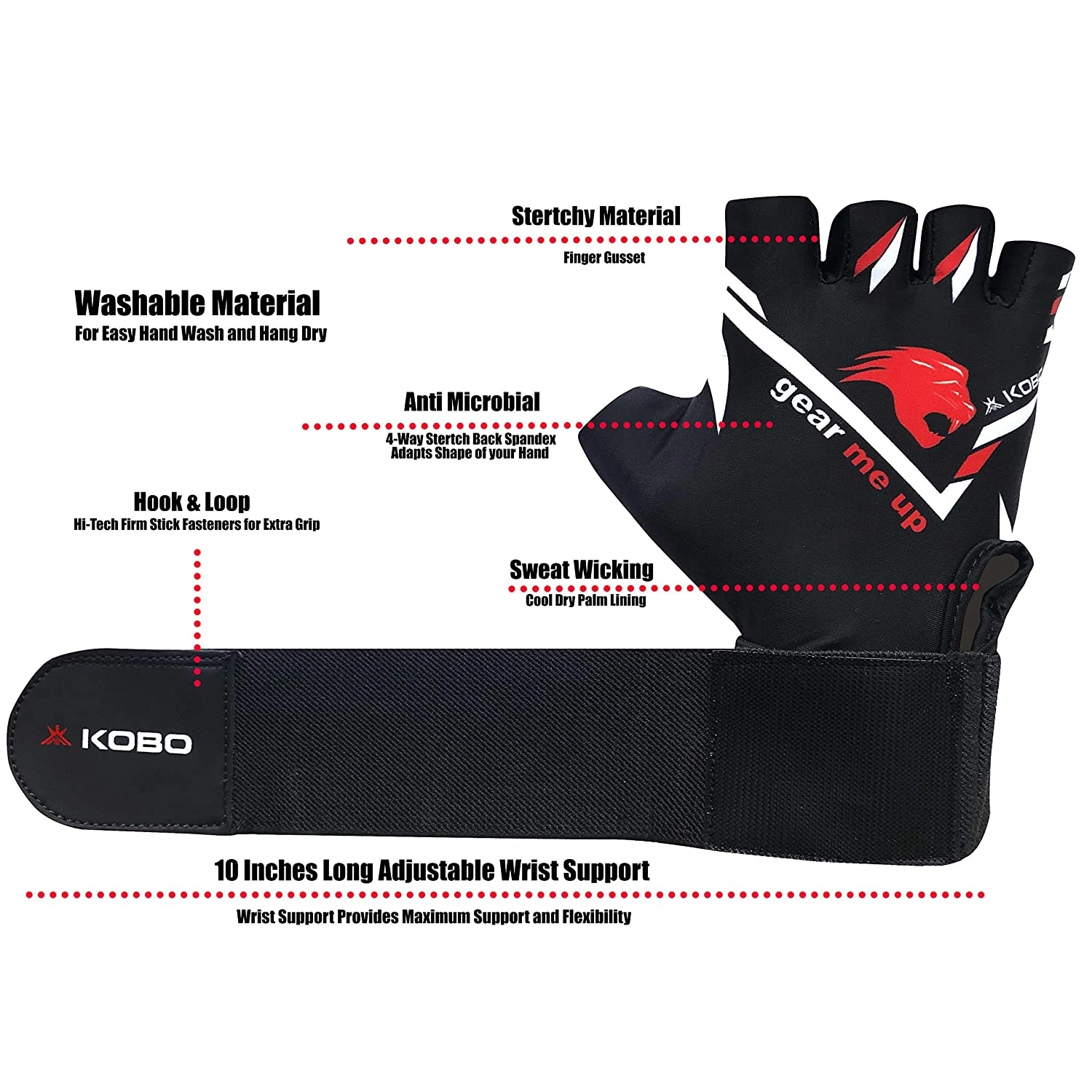 Kobo WTG-31 Gym Gloves with Wrist Support-RED BLACK-L-4