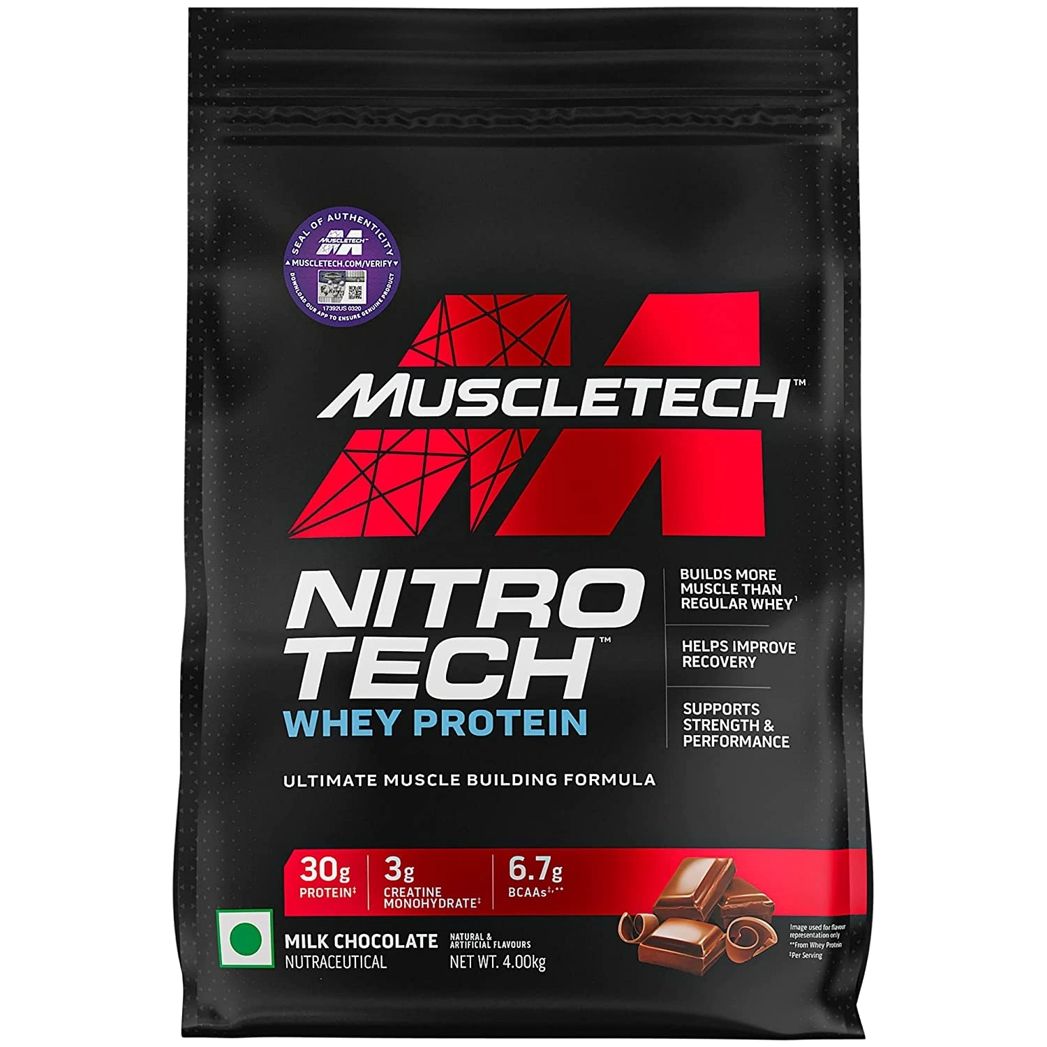 MuscleTech NitroTech Whey Protein, 4 kg (8.8 lb), Milk Chocolate-MILK CHOCOLATE-1