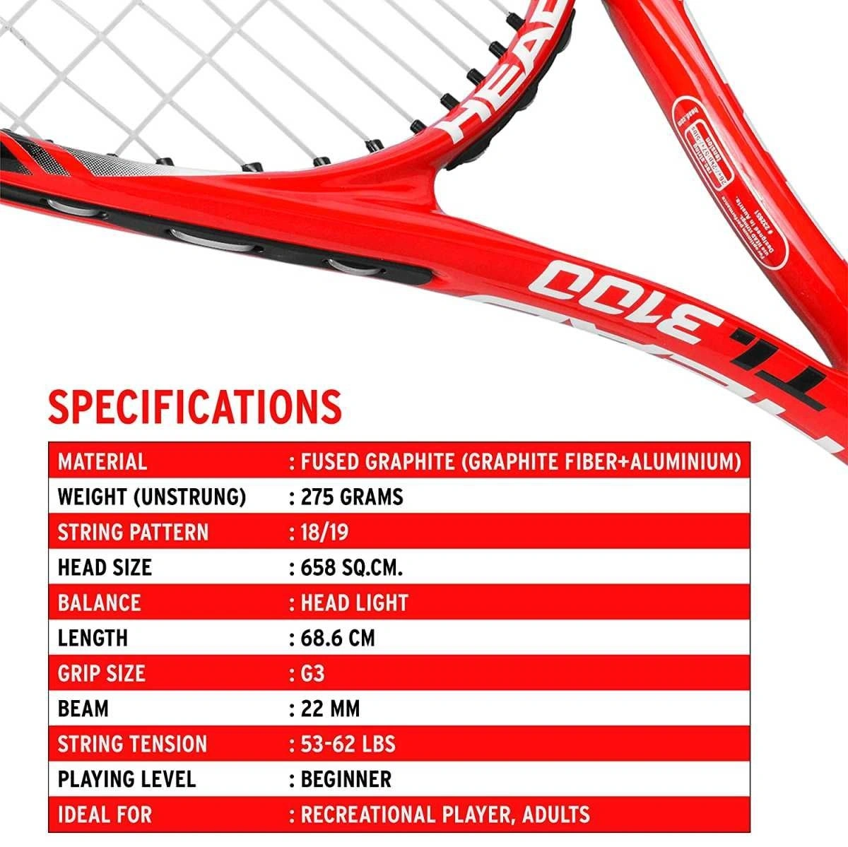 Head Titanium 3100 Graphite-Titanium-Lined Tennis Racquet-RED &amp; WHITE-4